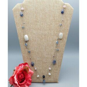 LOFT Silver Tone & Blue Double Strand Station Necklace 35" Long